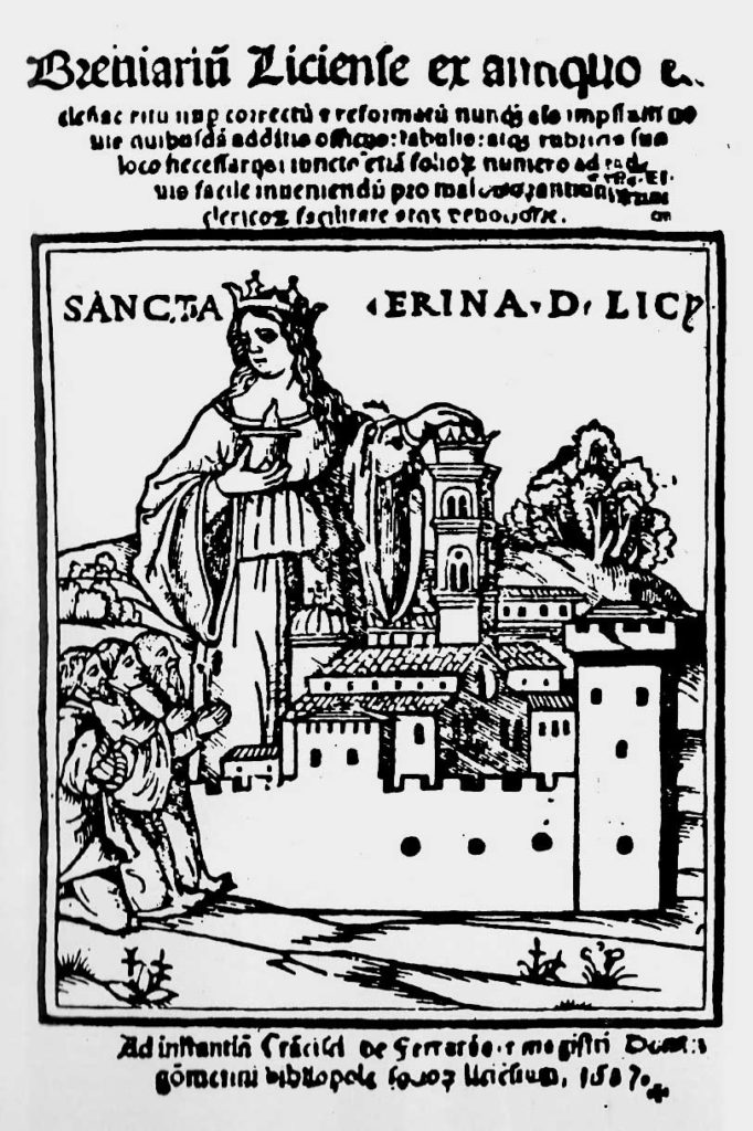 Disegno di donna coronata con mano su torre che protegge la città fortificata e tre uomini con mani giunte