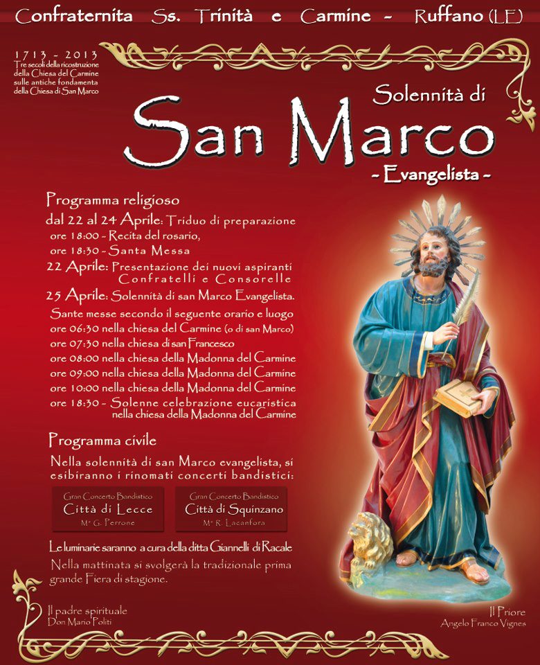 Locandina con immagine della statua di San Marco su sfondo rosso e programma religioso  della festa