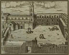 Disegno di piazza chiusa con chiesa torre campanaria e vescovato