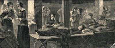 Incisione con tema Epidemia di colera 1836. Interno di lazzaretto con donne pazienti malate di e assistenti