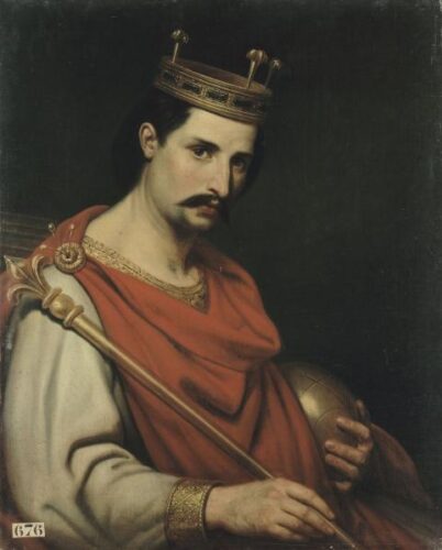Dipinto di Re Carlo con corona, baffi e scettro