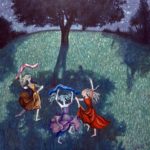 Dipinto di tre donne danzanti all'ombra di un albero al chiaro di luna