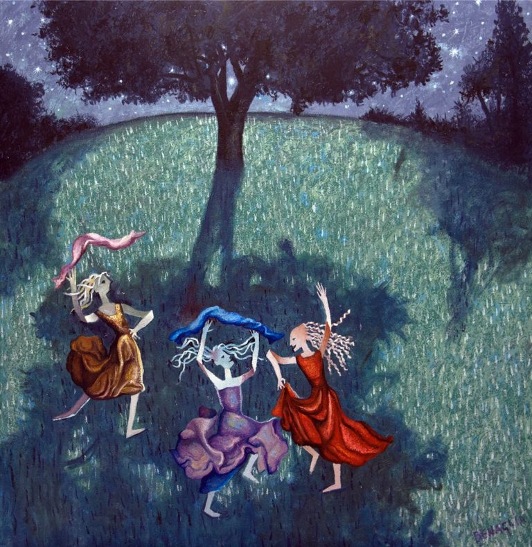 Dipinto di tre donne danzanti all'ombra di un albero al chiaro di luna