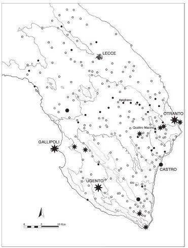 Mappa del Salento on indicazione delle possibili incursioni saracene