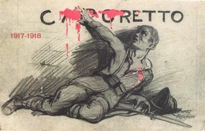 Vignetta con soldato a terra con braccio alzato e mano sulla scritta Caporetto macchiata di rosso