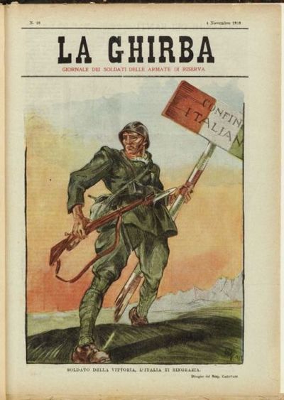 Copertina di rivista a colori con soldato che impugna fucile e cartello con scritta confini italiani