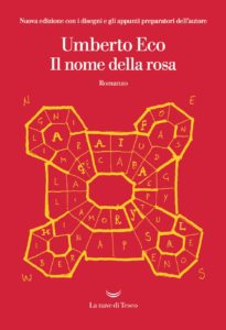 Copertina Libro Il nome della rosa. Pianta dell'abbazia in giallo su fondo rosso