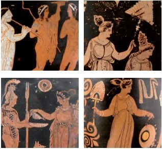 Quattro foto di particolari di raffigurazioni di vita quotidiana disegnata sui vasi