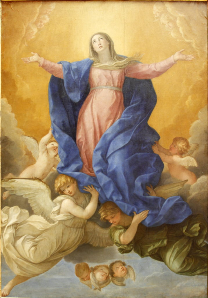 Madonna dell'Assunta con braccia aperte, sguardo al cielo e accompagnata dagli angeli