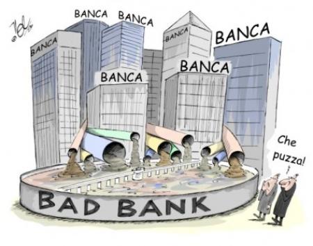 Disegno di più edifici bancari con tubi che scaricano in una cisterna indicata come Bad Bank e due omini che esprimono "che puzza"
