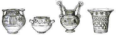 Disegno di tre vasi messapici con decorazioni