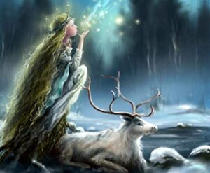 La foto illustra la leggenda della stella di Natale con una fata e un cervo bianco