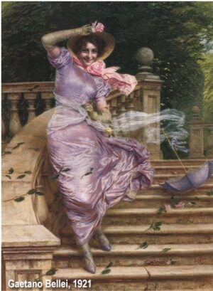 Dipinto di donna in abito lungo viola, scende dalle scale mentre il vento le soffia contro e le fa volare l'ombrellino.