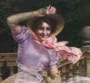 Dipinto di donna sorridente colpita da una folata di vento