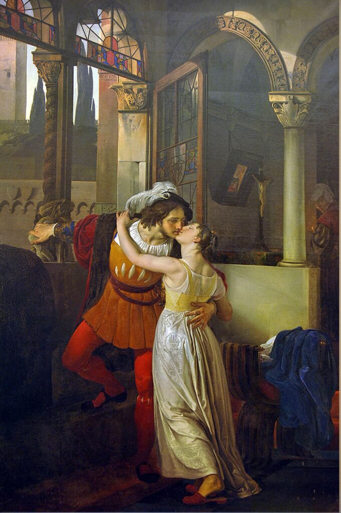 Dipinto di un bacio tra uomo e donna all'interno di ambiente domestico medioevale