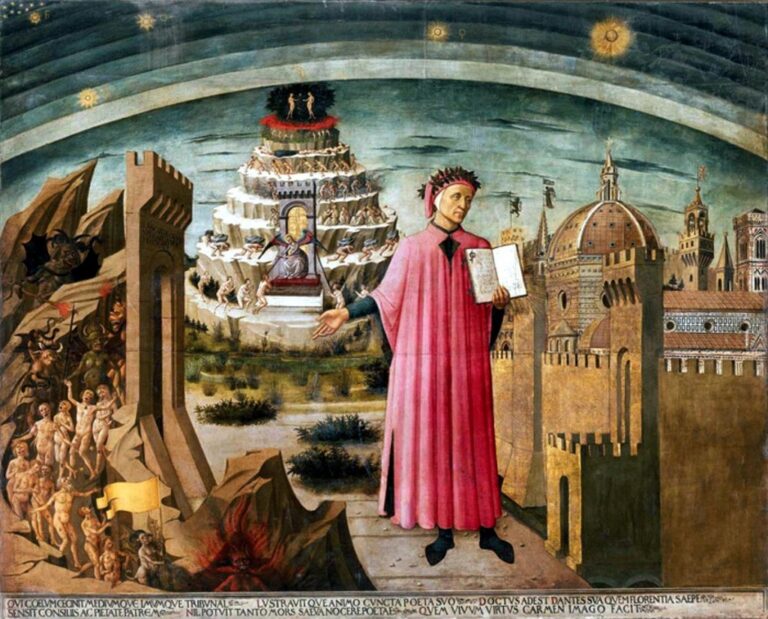 Affresco: Dante al centro con il libro aperto in una mano, a destra la citta di Firenze, alle stalle la montagna del Purgatorio e a sinistra l'inferno