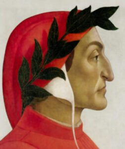 Ritratto di profilo di Dante Alighieri con corona d'alloro e abito rosso