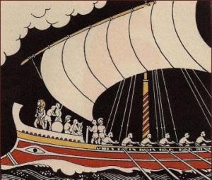 Imbarcazione greca con vela con uomini ai remi e altri con elmo