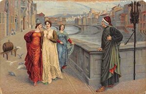 Dipinto "Dante e Beatrice" , tre donne in abito lungo passeggiano sulle sponde del fiume e Dante Alighieri fermo le osserva