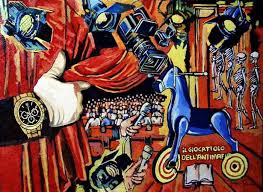 Dipinto che raffigura una mano guantata e con orologio che apre il sipario con cavalluccio con ruote e scheletri sul palco e pubblico in sala