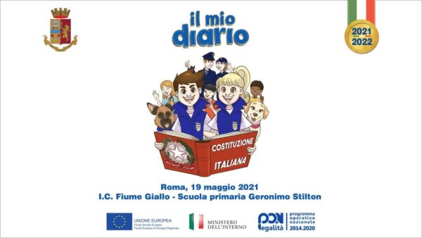 Locandina della presentazione del diario con disegno a colori di bambini che leggono sorridenti la Costituzione Italiana
