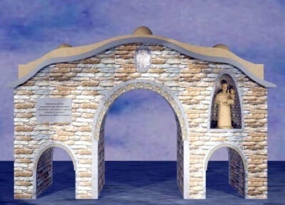 Ricostruzione virtuale Porta urbica con varco centrale e due piccoli laterali con statua di S. Antonio
