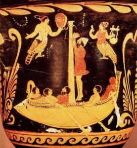 Vaso nero con figure rosse con uomo segato sull'albero di una barca e le sirene con la parte inferiore di uccelli suonano il tamburello e lalyra