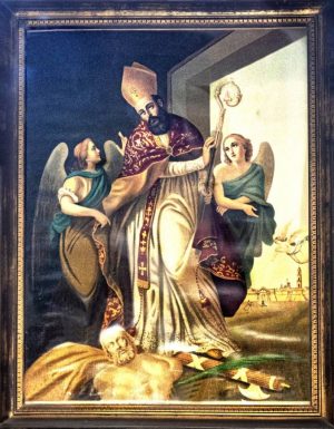 Dipinto di Vescovo affiancato da angeli