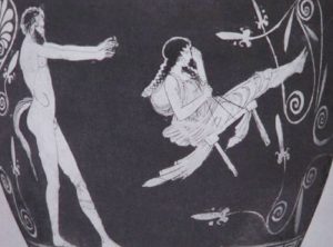 Raffigurazione di un vaso greco. un satiro spinge una donna sull'altalena