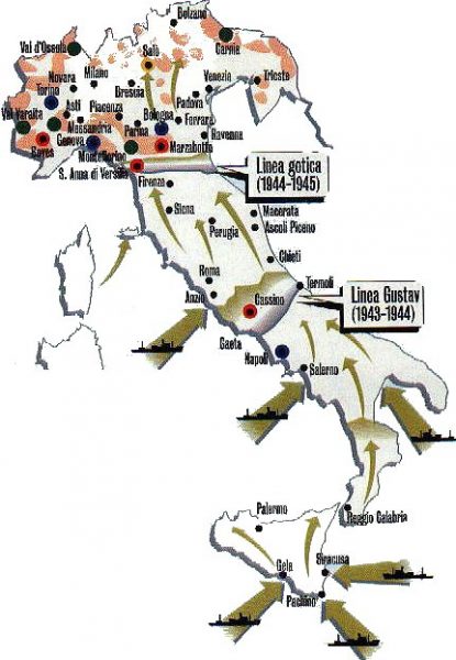 Mappa dell'Italia 1943-1945 con la posizione delle navi da guerra