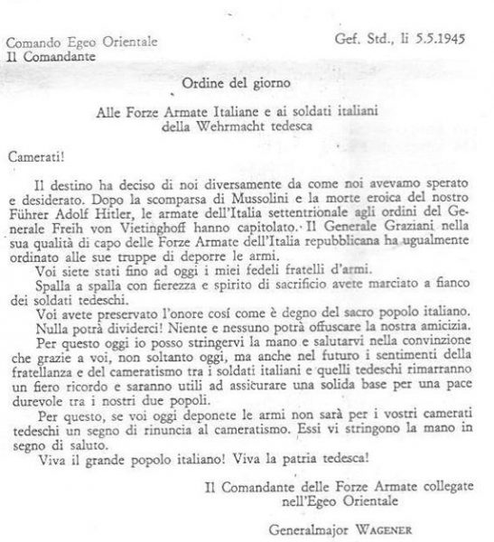 Ordine del giorno 5 maggio 1945 alle forze armate italiane e ai soldati della Wermacht tedesca