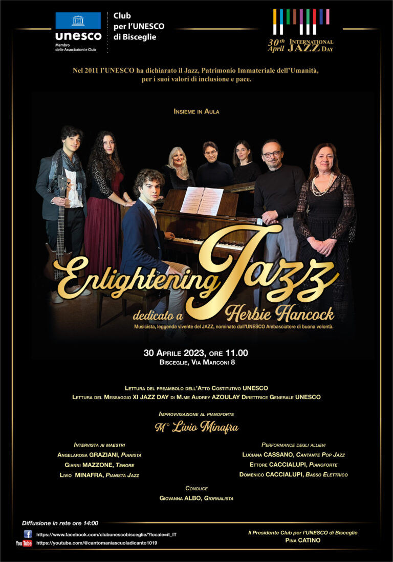 locandina del concerto del 30 Aprile 2023 - Giornata Mondiale del Jazz organizzata dal club Unesco di Bisceglie