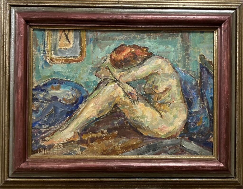 Mania Mavra, Cowering nude, olio su cartone, 33,5x48 cm, 1930