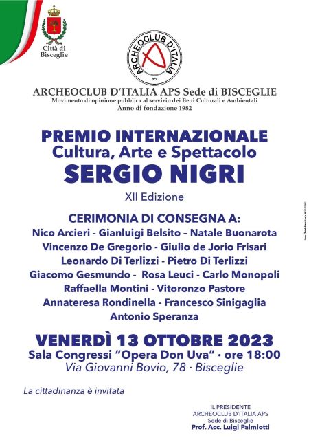 XII edizione il Premio Internazionale Cultura, Arte e Spettacolo "Sergio Nigri"
