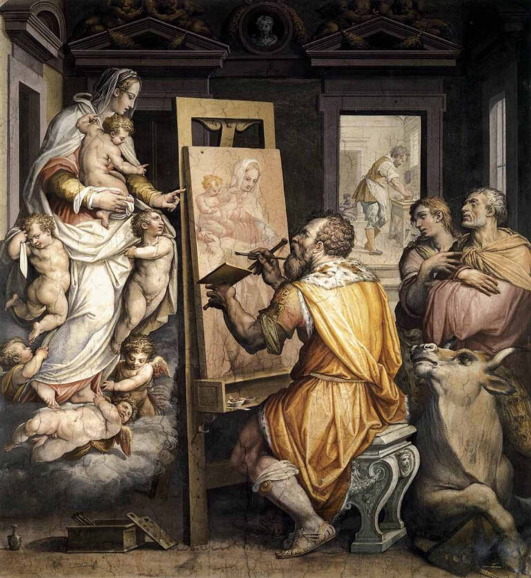 Giorgio Vasari_Autoritratto in veste di San Luca che dipinge la Vergine_ Cappella di San Luca_basilica della SS. Annunziata_bassa