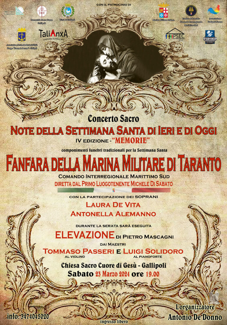 locandina del concerto della Fanfara della Marina Militare di Taranto con la partecipazione di Luigi Solidoro, Tommaso Passeri e Laura De Vita a Gallipoli 2024